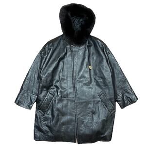 Vintage LNR Black Leather Coat Fox Fur Trim Hood Women’s S